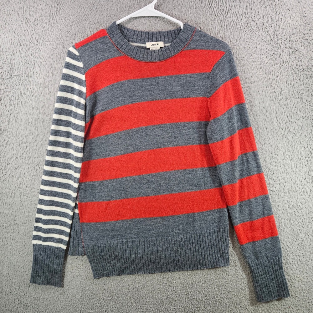 Jason Wu Womens Mixed Stripe Crewneck Sweater Red Grey White Size M